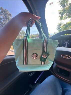 Starbucks Mint Green Canvas Tote with Striped Handles